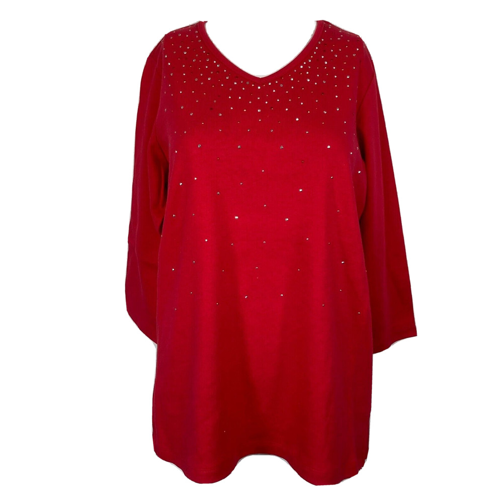 Quacker Factory Shirt Womens Sz Small Red Knit‎ Cotton Rhinestone V-Neck